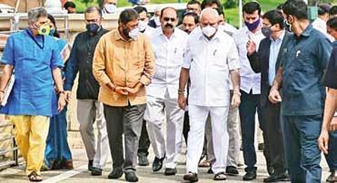 Chief Minister B S Yediyurappa comes out of Vidhana Soudha after presenting the CM’s medal to officers of state Forests, Wildlife and Environment Department | Shriram BN