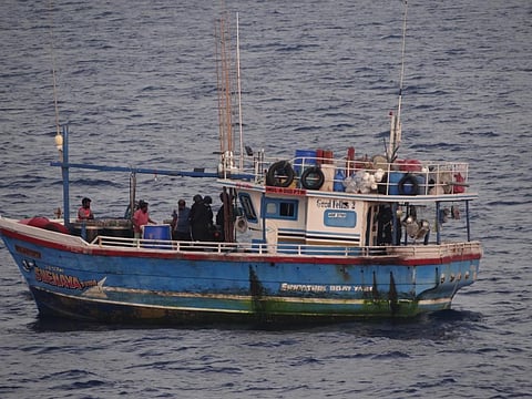 Six people on the Sri Lankan boat (in pic) were taken to the port of Thoothukudi and are being interrogated by agencies (Photo | Special arrangement)