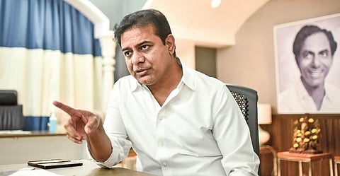TRS working president KT Rama Rao gestures during an interview with The New Indian Express team at his Banjara Hills residence in Hyderabad on Wednesday. (Photo| EPS/VINAY MADAPU)
