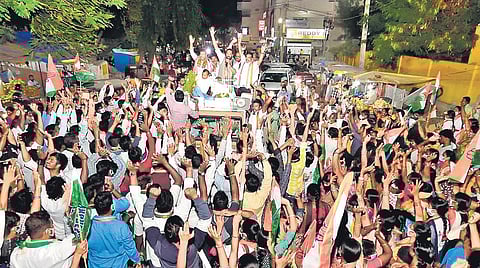TPCC chief N Uttam Kumar Reddy speaks during a roadshow in Hyderabad on Wednesday.