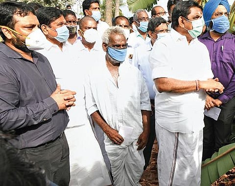 Chief Minister Edappadi K Palaniswami inspecting damaged banana crops near Reddychavadi in Cuddalore district. (Photo | Express)