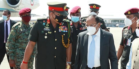 NSA Ajit Doval (R) with Sri Lankan Army Commander Lt Gen Shavendra Silva. (Photo| Twitter/ @IndiainSL)