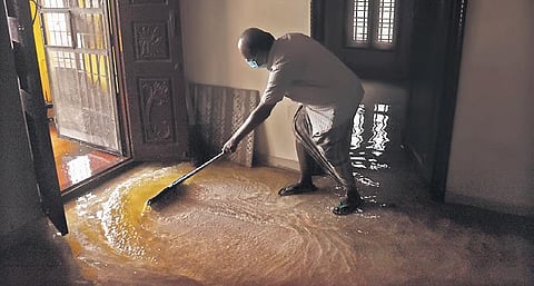 Damodharan, a resident of Madippakkam, sweeps out flood water inside his house on Thursday | Ashwin Prasath