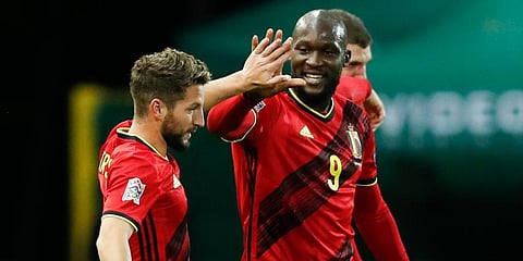 Belgium's Dries Mertens (L) celebrates with teammate Romelu Lukaku after scoring during the UEFA Nations League match against England at the King Power stadium in Leuven. (Photo | AP)