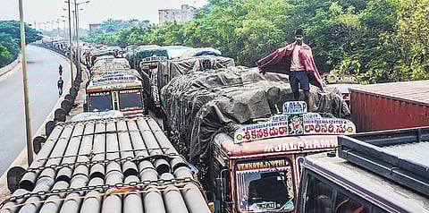 Trucks stranded on NH-16 during Bharat bandh in Bhubaneswar | Express