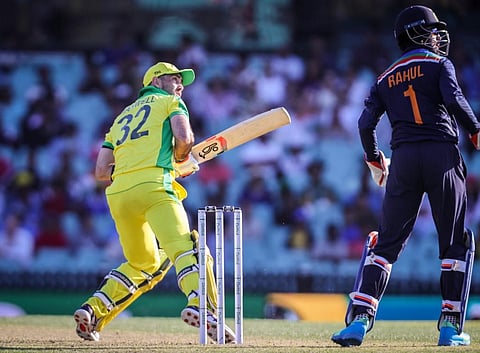 Australia's Glenn Maxwell hits a six during the one-day international cricket match against India. (Photo | AFP)