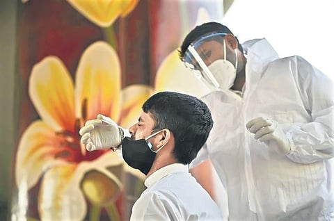 A health worker collects samples for Covid-19 test at Delhi-Noida border. (Photo | PTI)