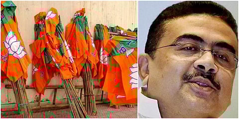 BJP flags (L) and rebel Trinamool Congress leader Suvendu Adhikari. (File photos| PTI)