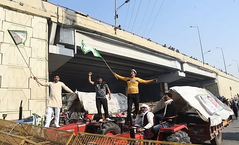 Farmers protesting at Delhi Uttar Pradesh border near Ghazipur in New Delhi on Sunday. (Photo | Parveen Negi/EPS)