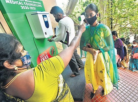 A student being screened at the entrance of Jawharlal Nehru outdoor stadium on the second day of MBBS counselling on Thursday | Ashwin Prasath