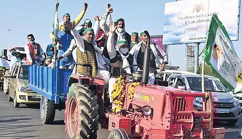 Bharatiya Kisan Union (BKU) leader Rakesh Tikait leads a rally, during their ‘Delhi Chalo’ protest march against the new farm laws in Ghaziabad. (Photo | Shekhar Yadav, EPS)