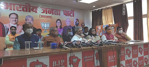 National General secretary Dushyant Gautam with Uttarakhand BJP state president Bansidhar Bhagat interacted with media on Sunday. (Photo| EPS)