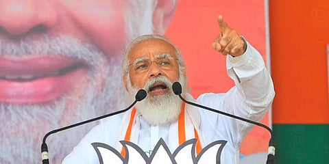 Prime Minister Narendra Modi speaks during the last leg of campaign for Bihar Assembly polls in Saharsa district. (Photo | PTI)