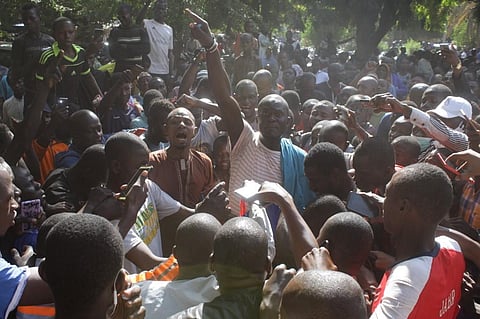 People take part in a gathering outside the Great Mosque of Bamako on October 28, 2020, called to condemn French President Emmanuel Macron remarks. (Photo | AFP)