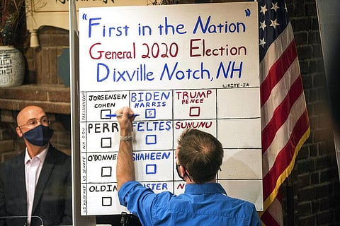 A man tallies the votes from the five ballots cast just after midnight, Tuesday, Nov. 3, 2020, in Dixville Notch. (Photo | AP)