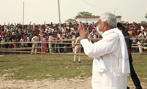 Bihar Chief Minister Nitish Kumar during an election meeting in Darbhanga. (Photo | PTI)