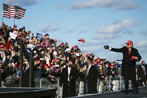 US President Donald Trump arrives for a campaign rally at Wilkes-Barre Scranton International Airport, Monday, Nov. 2, 2020, in Avoca, Pa. (Photo | AP)
