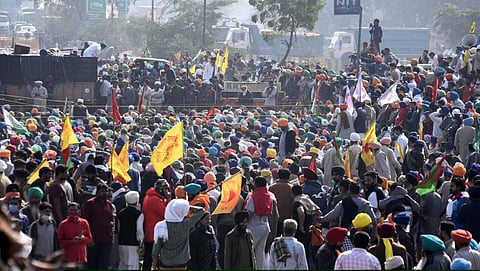 Farmers at Singhu border during their ongoing protest march Delhi Chalo against Centres new farm laws. (Photo | Parveen Negi/EPS)