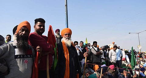 Farmers at Singhu border during their ongoing protest march Delhi Chalo against Centres new farm laws. (Photo | Parveen Negi/EPS)