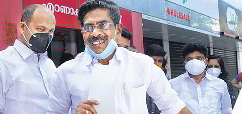 KPCC president Mullappally Ramachandran comes out after the press meet at Ernakulam Press Club in Kochi on Sunday. (Photo | EPS/A Sanesh)