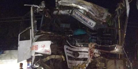 The front portion of the vehicle has been completely damaged.