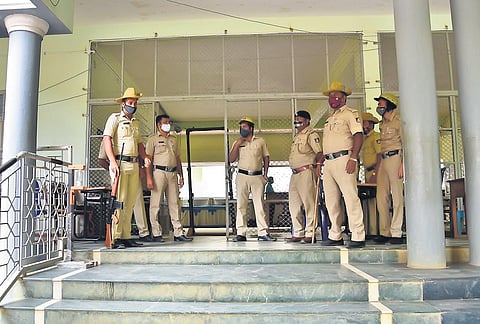 Tight security at Sri Jnanashi Vidyanikethan School in Bengaluru, where EVMs are being stored in strong rooms | Vinod Kumar T