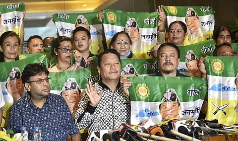 Gorkha Janamukti Morcha GJM supremo Bimal Gurung during a press conference in Kolkata Thursday Nov. 5 2020. (Photo | PTI)