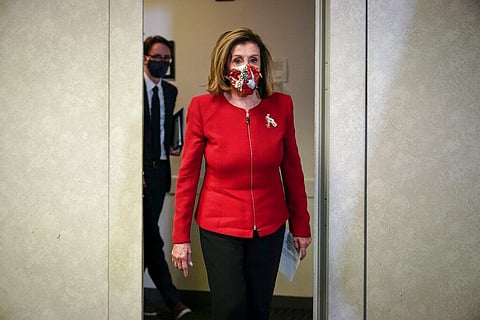Speaker of the House Nancy Pelosi, D-Calif., arrives to talk to reporters about Election Day results in races for the House of Representatives. (Photo | AP)