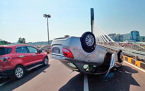 The speeding car that toppled on the Durgam Cheruvu cable bridge. (Photo| EPS)