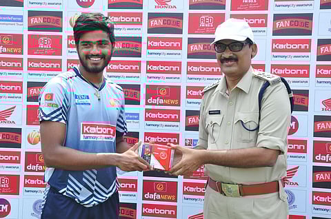 Ashish Reddy of Legends XI receives the Man of the Match award from DSP A Srinivasulu in Anantapur after a match on November 4 (Photo | Special Arrangement)