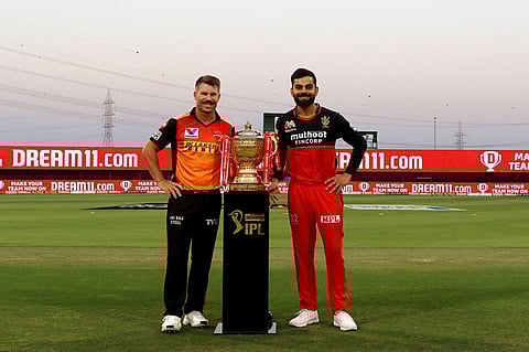David Warner captain of Sunrisers Hyderabad and Virat Kohli captain of Royal Challengers Bangalore during the toss of the eliminator match of season 13 of the Dream 11 IPL (Photo | www.ipl.com)