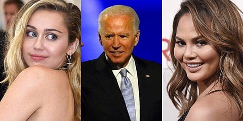 Miley Cyrus (L), US President elect Joe Biden (C) and Chrissy Teigen (R) (Photo | AP)