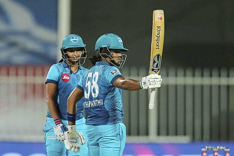 Chamari Athapaththu of Supernovas raises her bat after scoring a fifty in the Women's T20 Challenge 2020 cricket match against Trailblazers. (Photo | PTI)