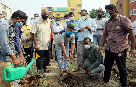 Chennai Corporation Commissioner G Prakash, on Sunday, inaugurated the Miyawaki forest project in School Road, Sholinganallur zone. (Photo | Express)