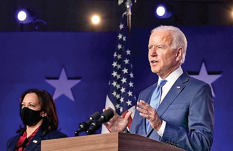 President-elect Joe Biden and vice-president-elect Kamala Harris at an event in Wilmington on Friday night | AP