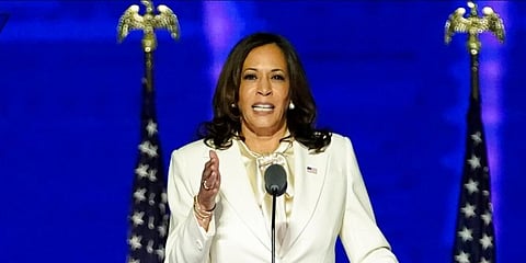 Vice President-elect Kamala Harris speaking in Wilmington. (Photo | AP)