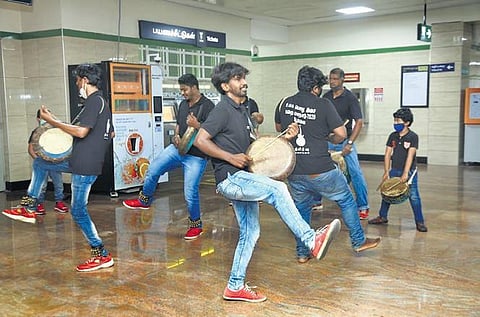 The members of Nimirvu Kalaiyagam performing at Thirumangalam Metro Station in Chennai on Sunday morning. (Photo | EPS)
