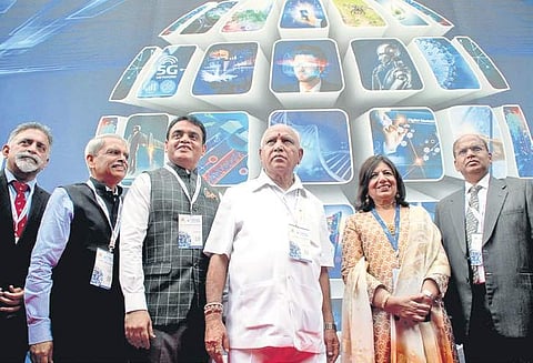 Chief Minister B S Yediyurappa inaugurating the 2019 Bengaluru Tech Summit along with DyCM Ashwath Narayan and Biocon MD Kiran Mazumdar-Shaw (File photo | Express)