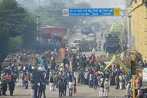 Farmers at Delhi-UP border during their 'Delhi Chalo' protest against new farm law at Ghazipur in New Delhi Tuesday Dec. 1 2020. (Photo | PTI)