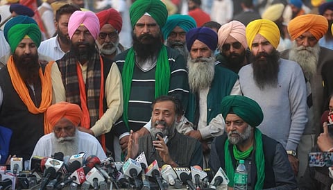 Political activist Yogendra Yadav with farmer union leaders addresses media at Singhu border during their ongoing Delhi Chalo protest. (Photo | Shekhar Yadav/EPS)
