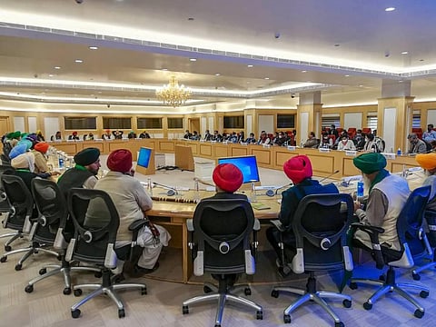 Leaders of various farmer organisations during a meeting with Union Agriculture Minister Narendra Singh Tomar over the new farm laws in New Delhi. (Photo | Twitter)