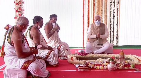 Prime Minister Narendra Modi lays the foundation stone of New Parliament Building in New Delhi. (Photo | PTI)