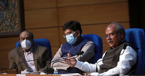 Union Agriculture minister Narendra Singh Tomar addresses the media in Delhi on Thursday. also seen in picture Piyush Goel and Agricultural secretary Sanjay Agarwal. (Photo | Shekhar Yadav/EPS)
