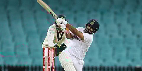 Rishabh Pant hits a six to complete his century against Australia in a warm-up game. (Photo| Twitter/ @BCCI)
