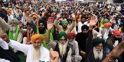 Farmers at Singhu border during their Delhi Chalo protest march against the Centres new farm laws in New Delhi. (Photo | Parveen Negi, EPS)