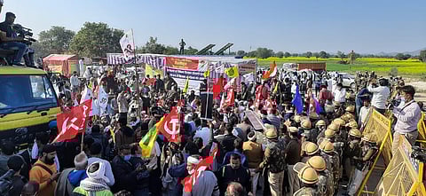 Farmers during their protest at Delhi Jaipur highway during their protest at Sahajahanpur on Sunday. (Photo | EPS/Shekhar Yadav)