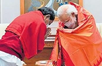 Chief Minister K Chandrasekhar Rao greets Prime Minister Narendra Modi in Delhi on Saturday .