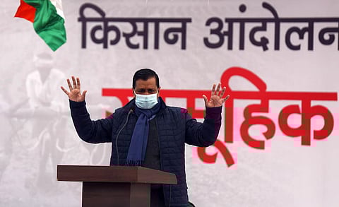 Chief Minister Arvind Kejriwal addresses during a day-long hunger strike to support farmers who are protesting against the new farm laws in Delhi. (Photo | Express)