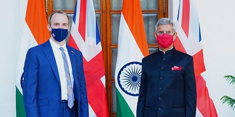 External Affairs minister S Jaishankar (R) and UK foreign secretary Dominic Raab (Photo| Twitter/ @MEAIndia)