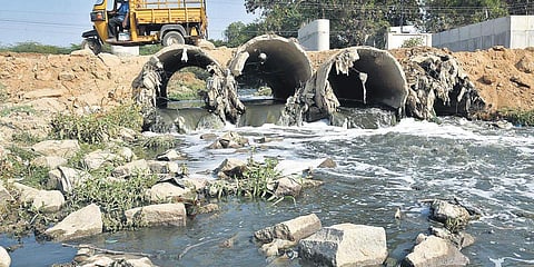 Chemical waste mixed with drainage water at Patancheruvu. (File photo| R Satish Babu, EPS)